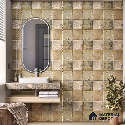 Metallic Wall Tile TL 07236 Rustic Gold 1 ft x 1 ft Ceramic Glossy Finish - 9 mm  | 2 mm Spacer is Mandatory | Suitable For Bathroom, Kitchen, Dining Area | Please Expect a Slight Variation of Pattern